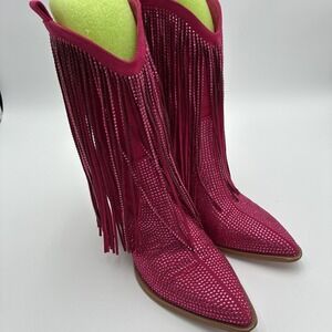 OUEPIANO Womens Pink Rhinestone Fringe Western Boots Pointed Toe Block Heel 6.5
